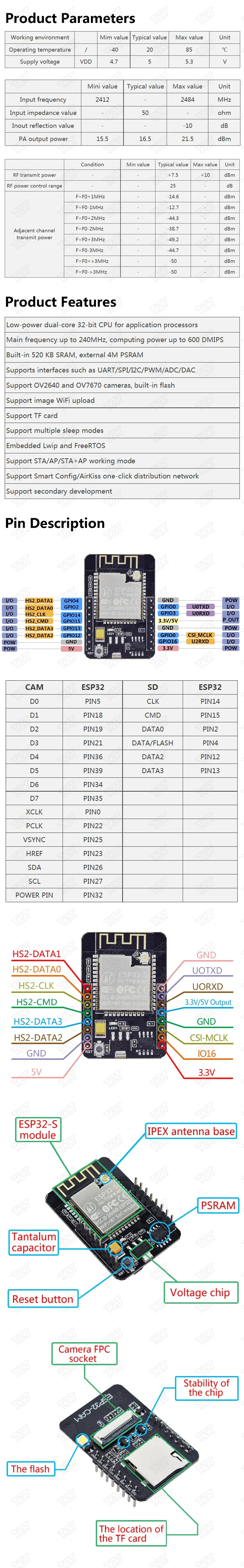 1 шт. Great IT ESP32-CAM WiFi+ модуль Bluetooth модуль камеры макетная плата ESP32 с модулем камеры OV2640 2MP для Arduino