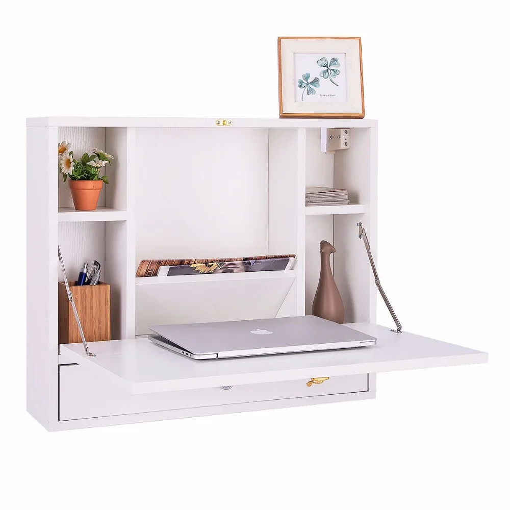 

Giantex Wall Mounted Folding Laptop Desk Organizer Storage Space Saver w/Drawer Computer Desk HW65835WH