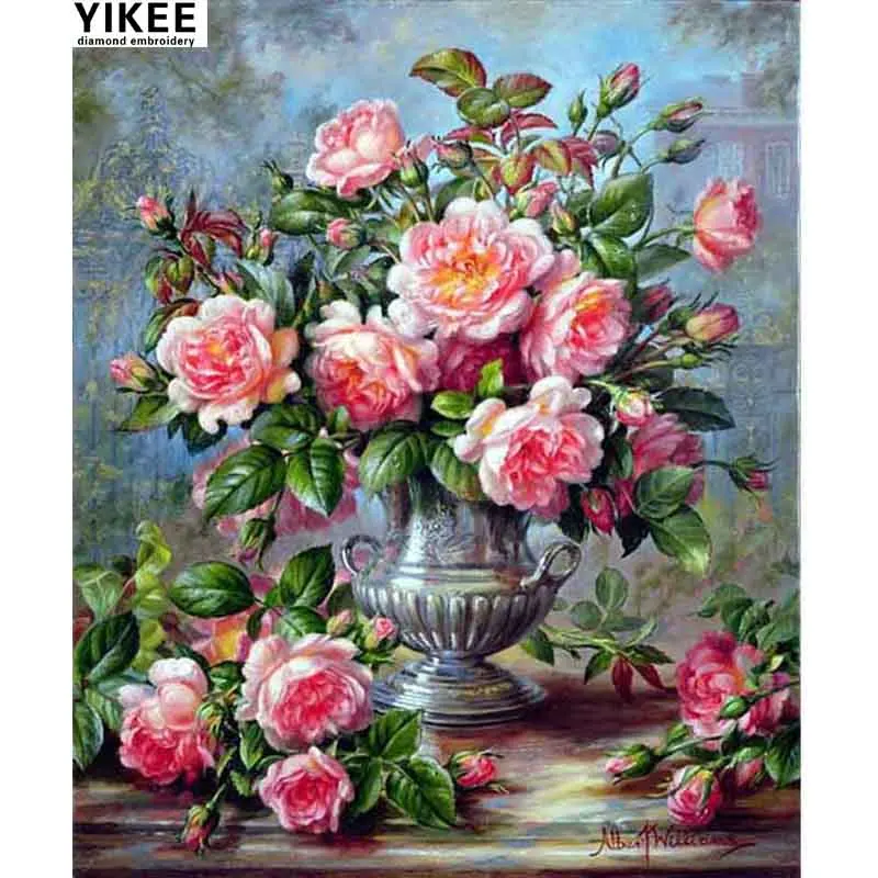 

YIKEE 5d Diamond Painting Vase Flowers Diamond Embroidery Full Square Rhinestones Home Decor Diamonds Mosaic k31