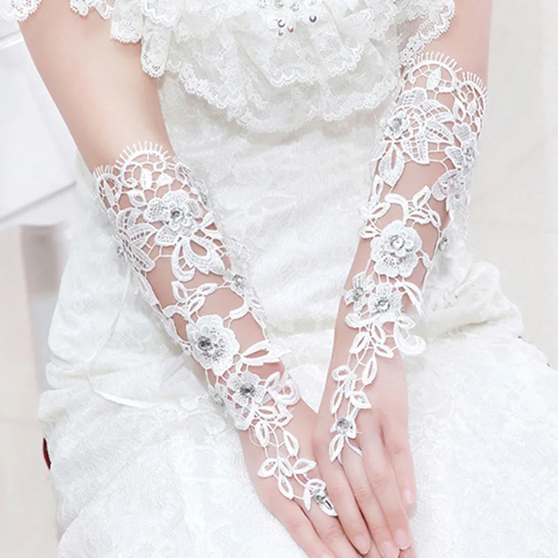 

Fashion Flower&Rhinestones Gloves Bride Elegant Lace Fingerless Bridal ngagement&Wedding White Women Wedding Party Temperament