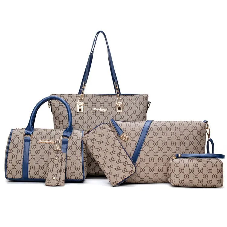 Blue Autumn New Fashion Women's Bag 6 Piece Set Plaid Bag Lady Slung Hand Bag Shoulder Messenger Composite Bag - Цвет: Blue