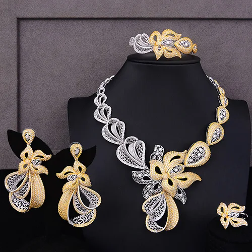 Bicolor GODKI Luxury Trendy Flowers Nigerian Jewelry sets For Women Wedding Cubic Zircon CZ Dubai Gold Bridal Jewelry Set - Окраска металла: Bicolor