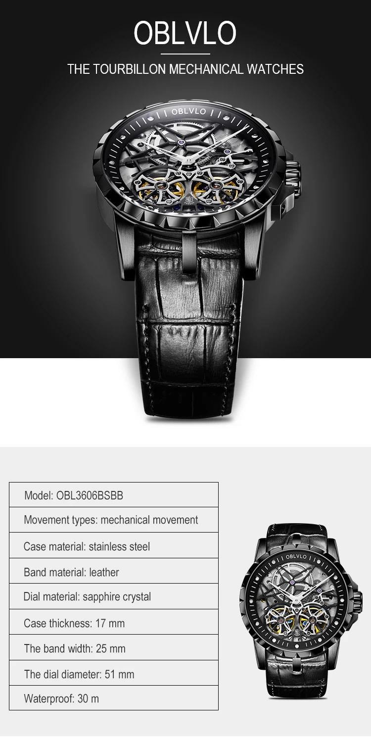OBLVLO все черные армейские военные прозрачные часы для мужчин Tourbillon деловые часы кожаные Relogio Masculino часы OBL3606