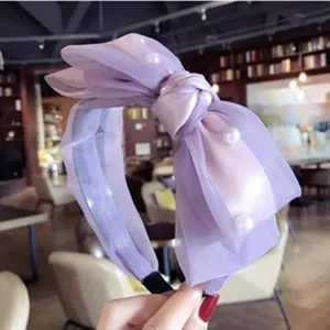 Фиолетовый Шнуровка с бантиком и повязка на голову Для женщин украшение для волос для взрослых с бантом сбоку повязка Жемчуг Бисер двухслойной юбкой и бантом завязанная повязка на волосы