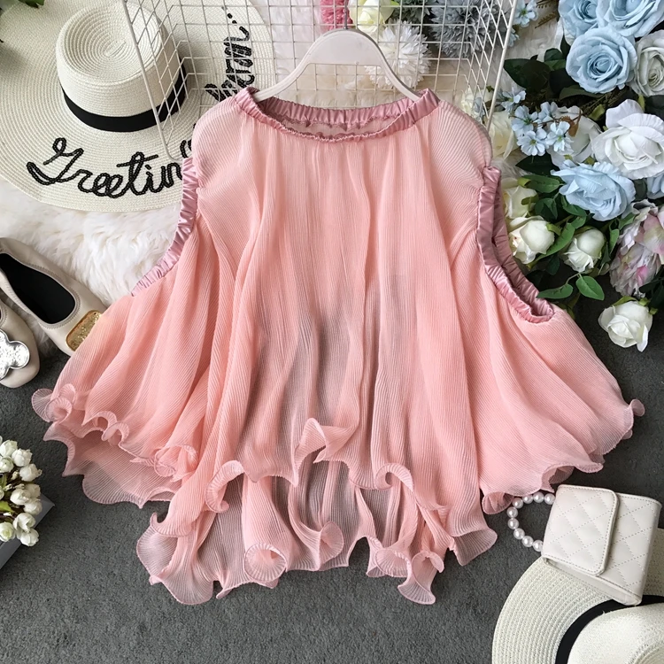 ALPHALMODA новые винтажные шифоновые блузки с открытыми плечами с расклешенными рукавами Женские однотонные свободные полупрозрачные элегантные блузки рубашка