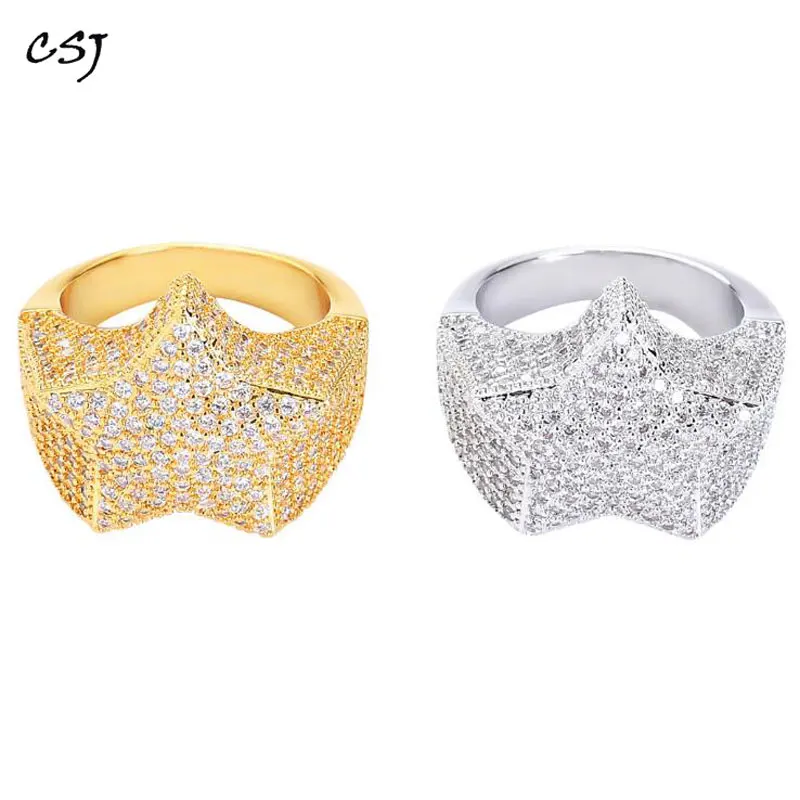 CSJ Hip Hop Rings Bling Iced Out Star Ring Gold Silver Color Charm HipHop/Punk Men Jewelry | Украшения и аксессуары
