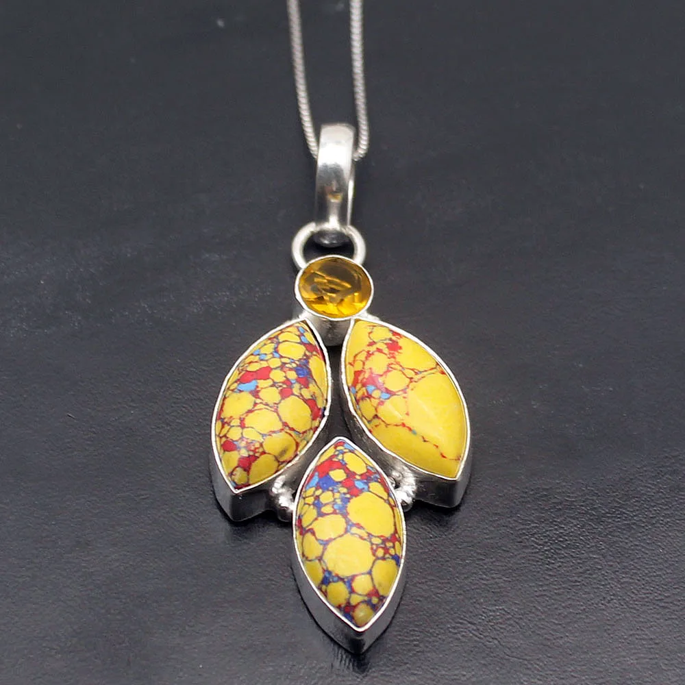

Beautiful Unique Jewelry MosaicJasper 925 Sterling Silver Color Charms Necklaces Pendant 60mm H60