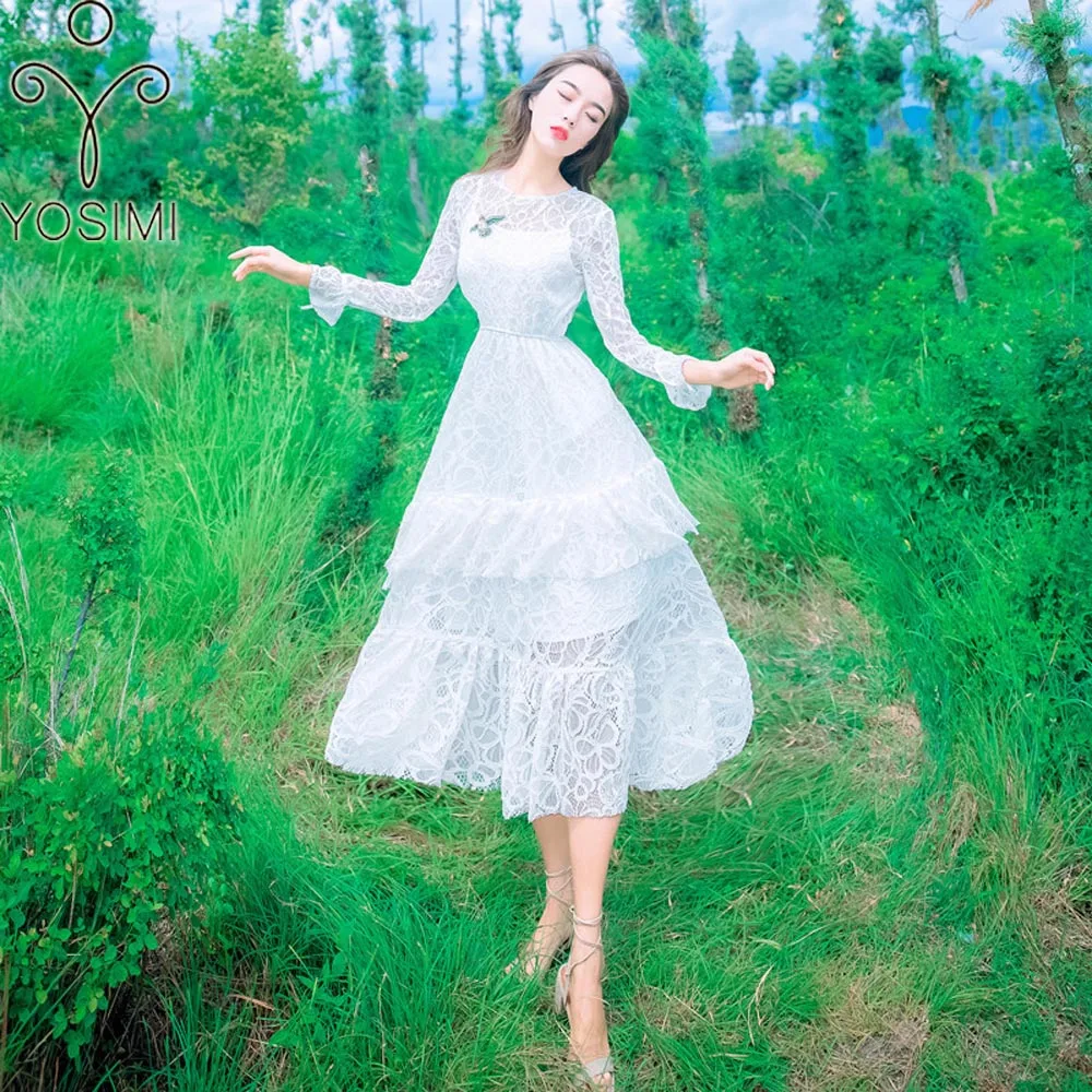 2019 spring Summer Maxi Elegant Lace Embroidery Long Women Dress White Evening Party Tunic Fairy Mid-Calf O-neck Beach | Женская одежда
