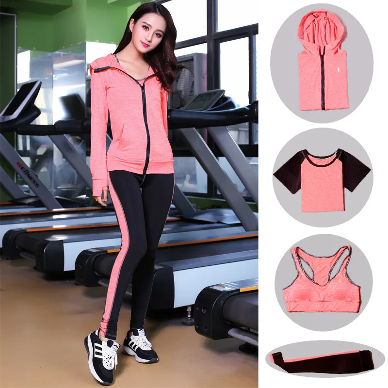 4piece set - orange Бесшовный спортивный бюстгальтер, комплект для женщин, спортивный костюм, спортивная женская одежда для фитнеса, пуш-ап, высокий бюстгальтер+ спортивная женская одежда для бега - Цвет: 4piece set - orange