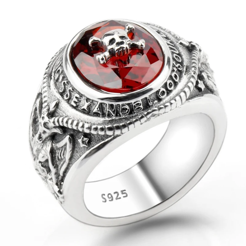 Настоящее 925 пробы Серебряное кольцо 30 г с черепом Do The Old Design Скелет Красный