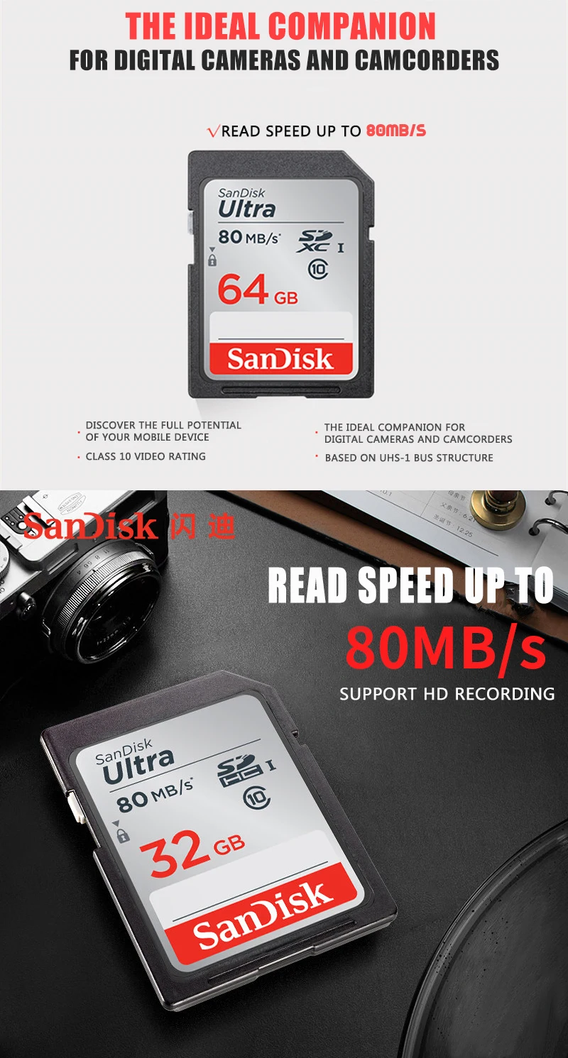 Двойной Флеш-накопитель SanDisk Ultra SD карта, 16 ГБ, 32 ГБ, 64 ГБ, 128 Гб класс 10 SDHC карта памяти SDXC карты C10 80 МБ/с. sd-карта Поддержка официальный проверки