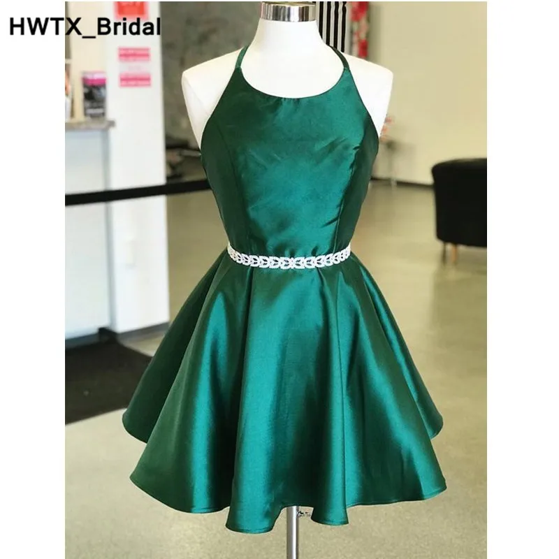 Темно зеленое короткое платье подружки невесты 2018 сексуальное с лямкой на шее для свадебной вечеринки