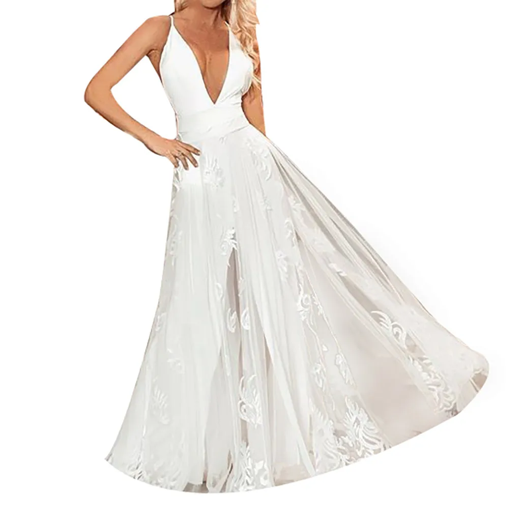 Женское Сексуальное Кружевное белое платье с открытой спиной и v образным