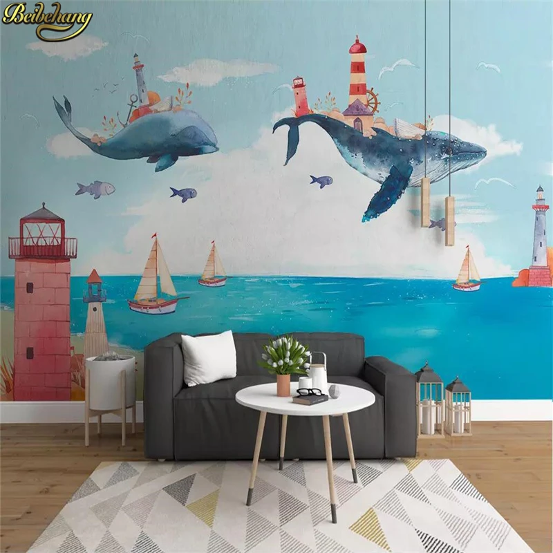 beibehang Nordic creative watercolor wall paper Mediterranean ocean whale children's room background wallpapers for living |