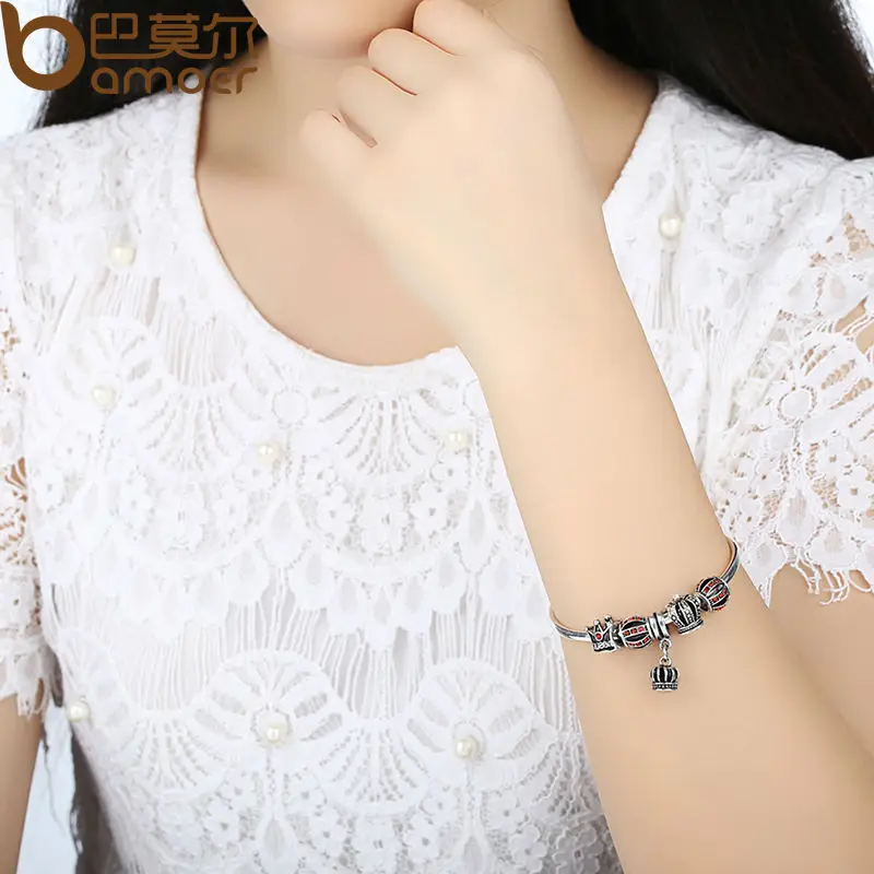 Простой 925 серебряный браслет и с королевская корона подвеска красный