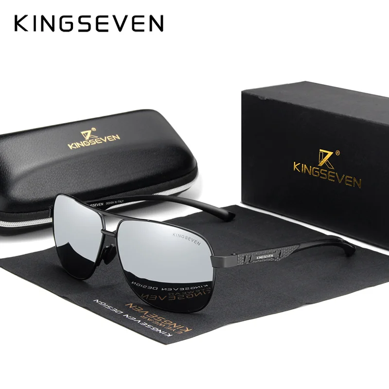 Black silver KINGSEVEN, женские и мужские солнцезащитные очки, поляризационные, зеркальные линзы, винтажные очки, очки для вождения, солнцезащитные очки, алюминиевые дужки, Gafas de sol Masculino - Цвет линз: Black silver