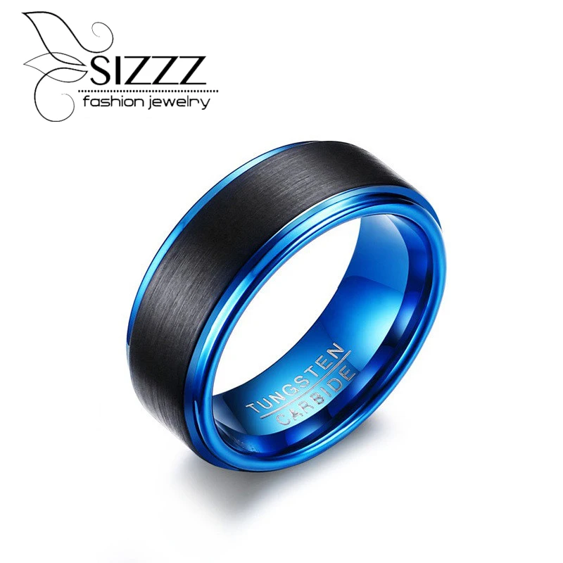 Мужское кольцо из вольфрамовой стали 8 мм черный + синий цвет ювелирные изделия