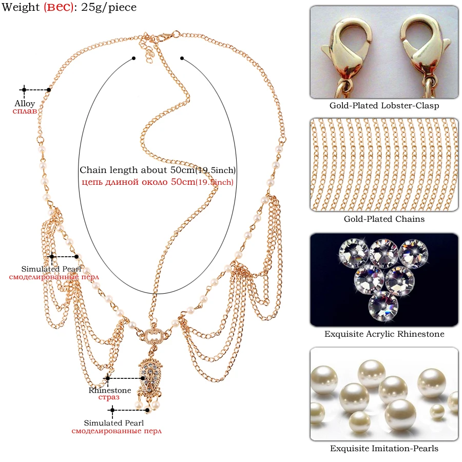 Повязка на голову женская с кисточками и жемчугом золотистая романтический