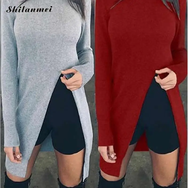 2018 Свитер с длинными рукавами Для женщин осень пуловер высокое Aplit подол вязаный