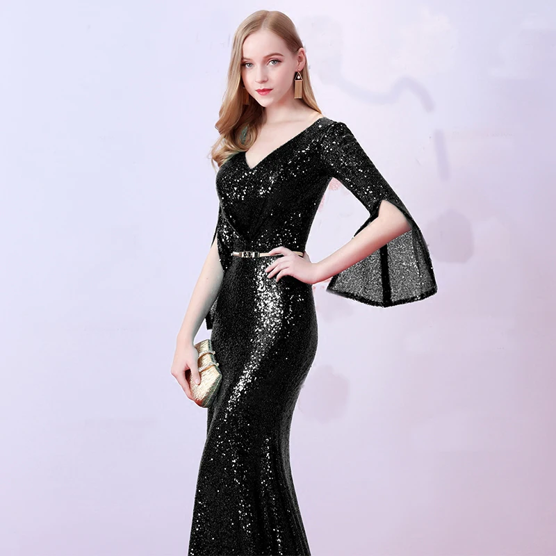 Женское вечернее платье Русалочка Beauty elegent festa длинное черное с золотыми