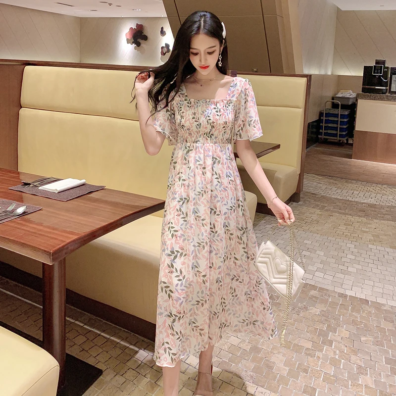 Summer Chiffon Dresses Women's Dot Leaves Print Short Sleeve Casual High Waist Square Collar Elegant vestidos | Женская одежда