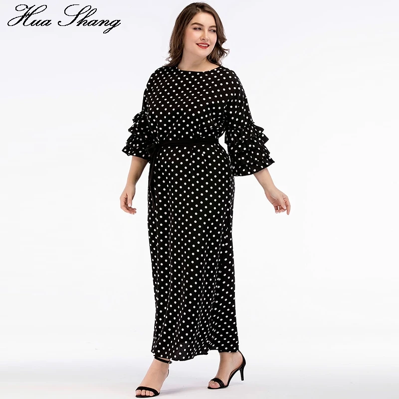 4XL размера плюс длинное платье в горошек для женщин осеннее с О образным вырезом и