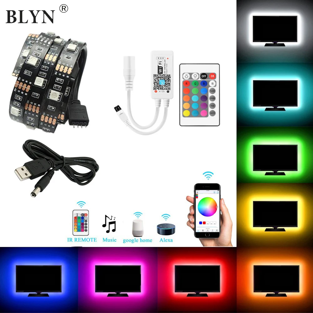 DC5V USB WI FI ТВ светильник компьютер Экран задняя косая бейка 2M 5050 цветных (RGB)