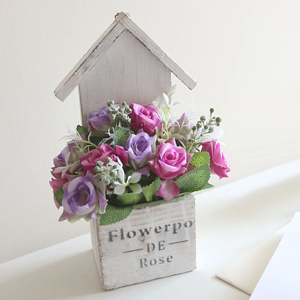 1Pc Artificial Flower Wooden Cabin Pot Bonsai Garden Wedding Living Room Decor Plants | Дом и сад