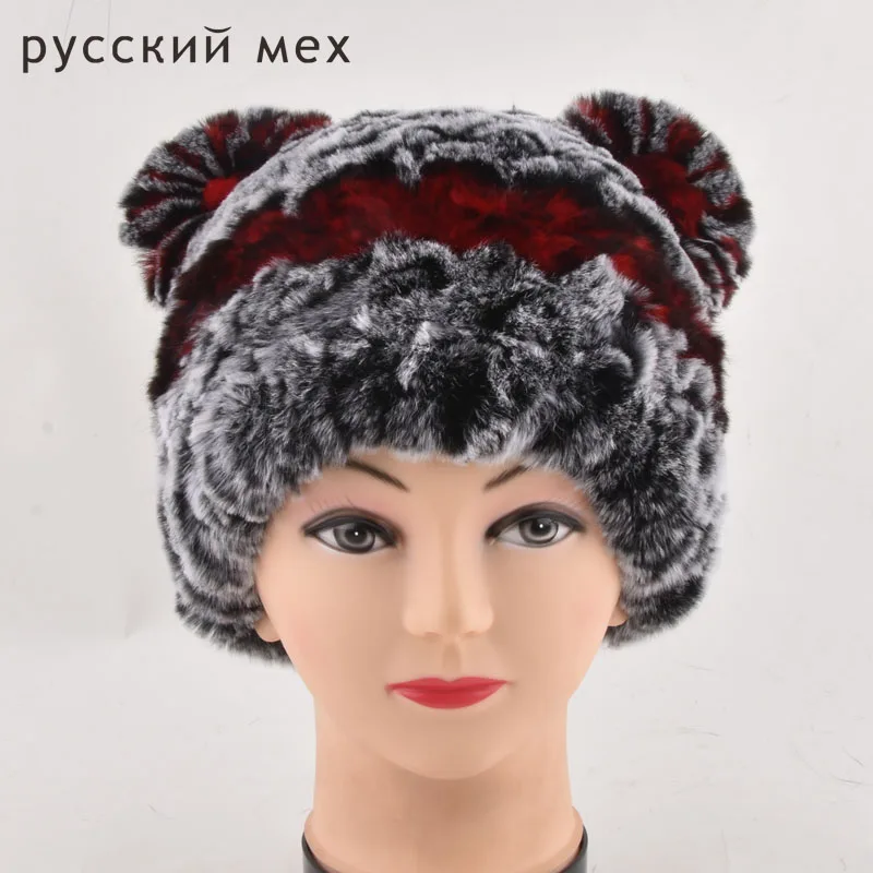 Милый Кот шапка зимняя Для женщин Натуральная мех кролика рекс Шапки ручной