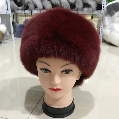 wine red Женская зимняя шапка из натурального Лисьего меха, теплая мягкая пушистая шапка из меха лисы для девочек, роскошная Высококачественная шапка-бомбер из натурального Лисьего меха - Цвет: wine red
