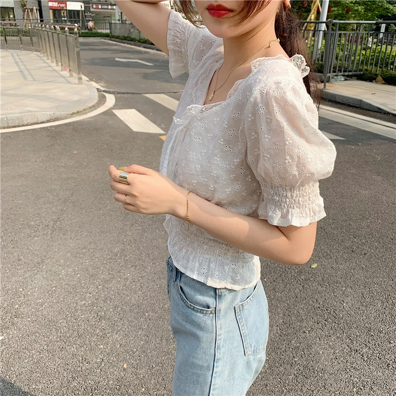 Женская блузка с коротким рукавом белая кружевная в Корейском стиле лето 2019 |