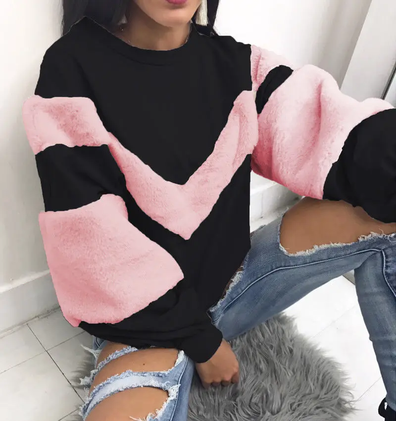 Womens Faux fur sweatshirt Sexy Loose Ladies Pullover Tops Long Sleeve Sweatshirt Hoodies Jumper | Женская одежда