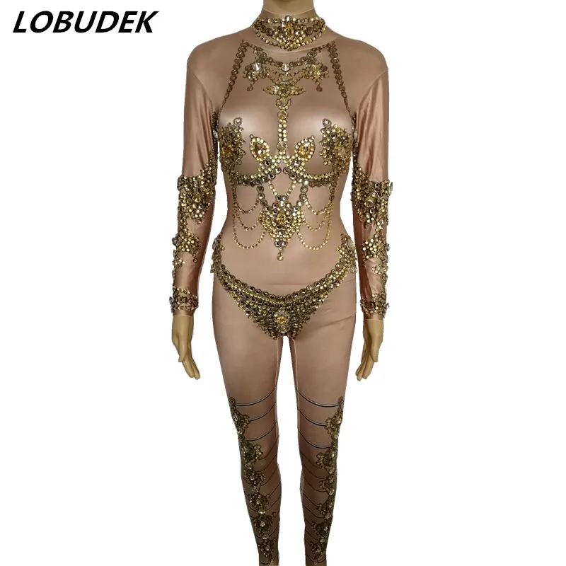 Соблазнительный костюм без бретелек с золотыми камнями и кристаллами блестящий