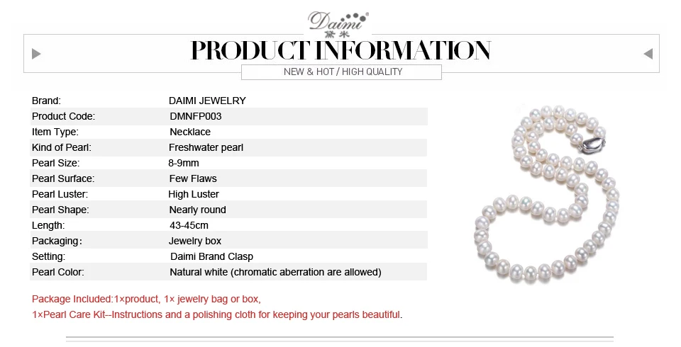 Колье DAIMI Классическое колье из 100% натурального пресноводного жемчуга. Красивая