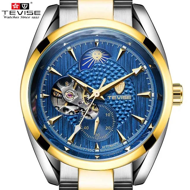 Часы мужские механические automatic Tourbillon деловые мужские часы Moon Phase стальные мужские часы водонепроницаемые наручные часы Tevise T795c