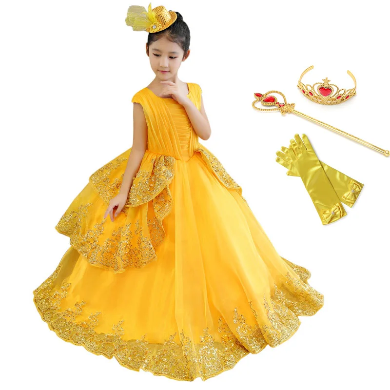 Girls Princess Belle Dress Kids Cosplay Bueauty and The Beast Costume Sleeveless Party Halloween Birthday Yellow Layered | Детская