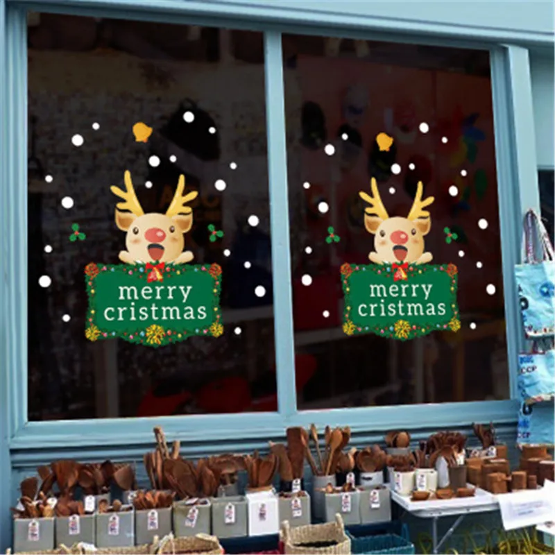 Merry Рождество наклейки на стену окна стекло Праздничные Санта фрески новый год