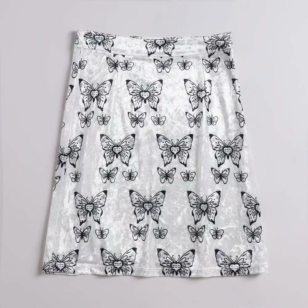 Cute sweet retro butterfly print velvet white skirt split high waist skirt mini short skrit