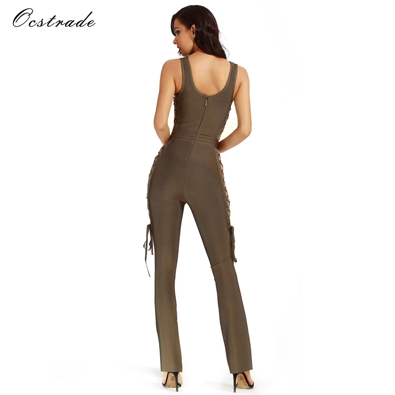 Ocstrade Jumpsuits for Women 2017 Summer Sexy Olive Green Lace-up Rayon Bandage Jumpsuit with Wide Legs | Женская одежда