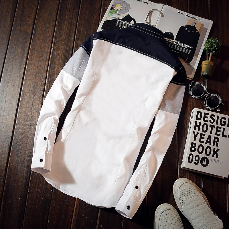 Рубашка мужская в клетку с карманом и длинным рукавом большого размера|camisa