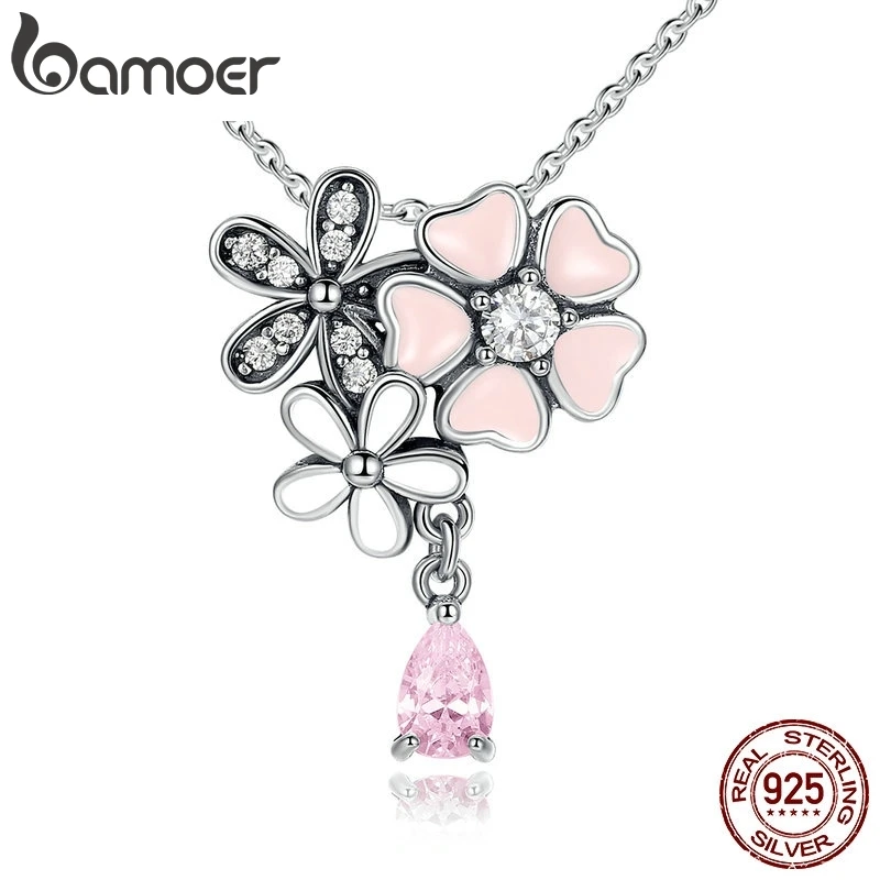 Bamoer стерлингового серебра 925 розовое сердце cherry blossom цветок 45 см подвески и ожерелья женщины стерлингов-серебро-ювелирные изделия scn046