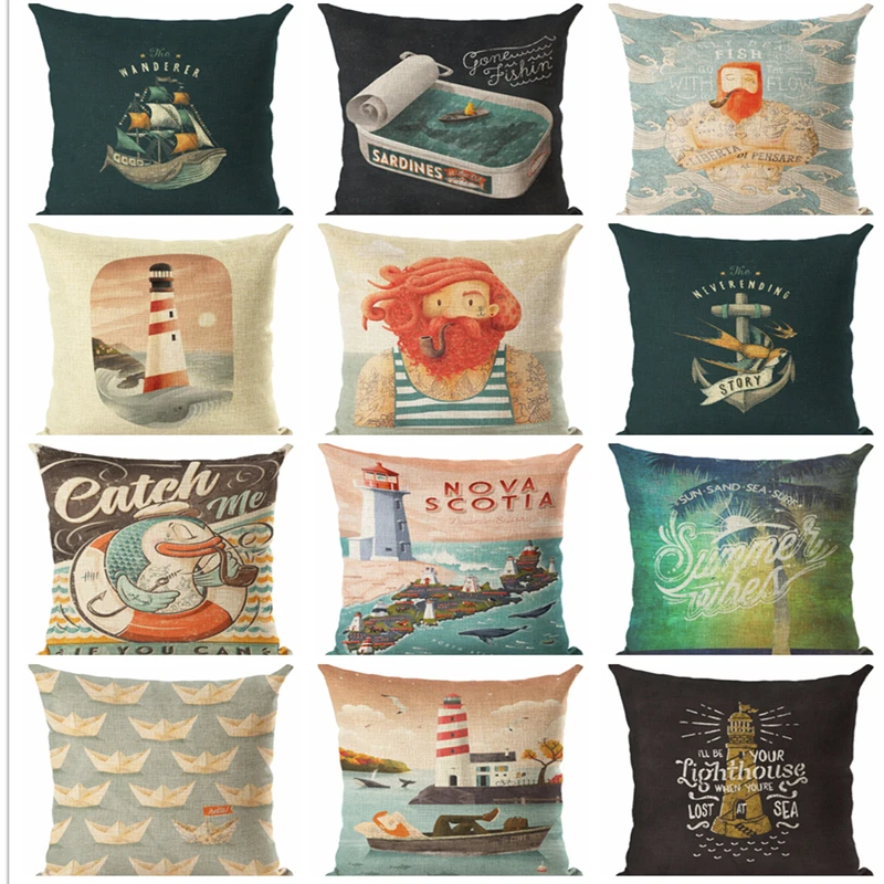 

45x45 Fashion Cartoon Sailor Cotton Linen Cushion Cover Print Fundas Throw Pillow Chair Cushion Square Cojines
