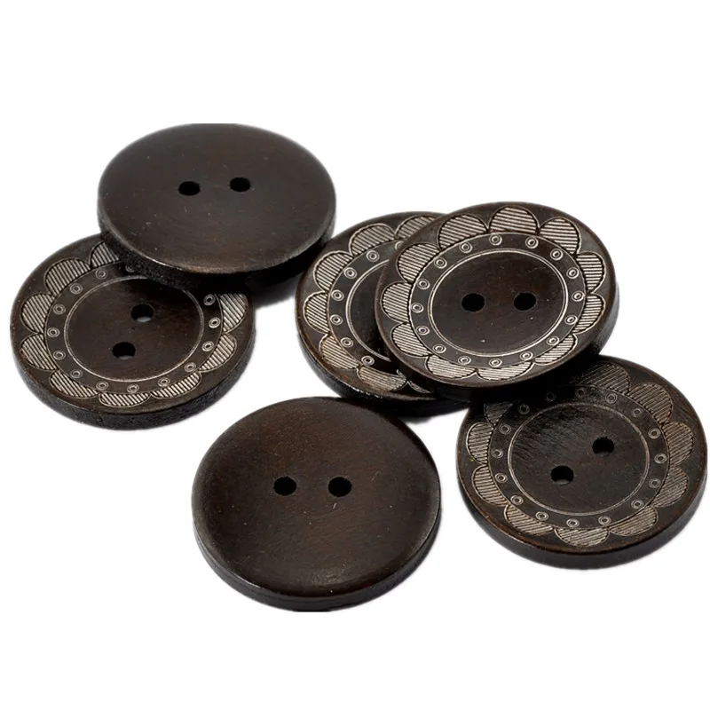 100 шт. круглые темно-кофейные деревянные пуговицы с цветочным узором 2 отверстия