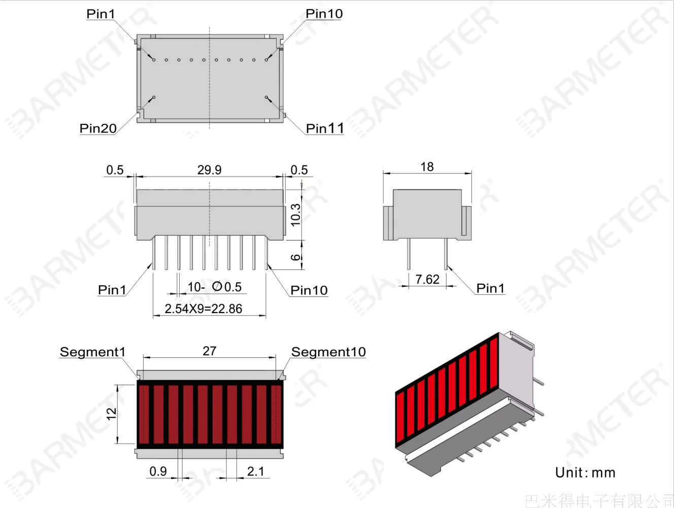 

BL10-2712S 10 Segment 27mm Long Red LED Column Display