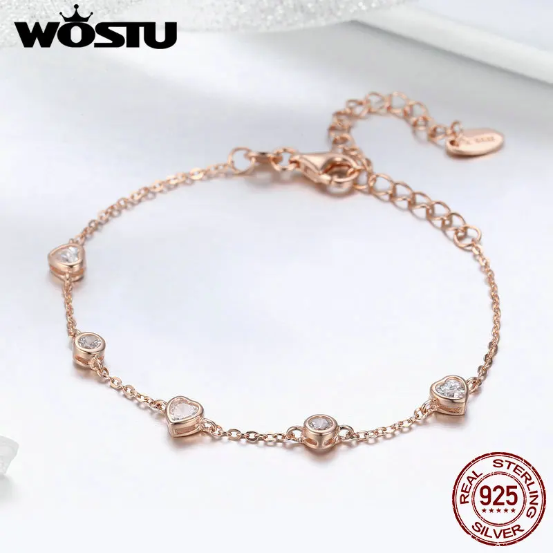 WOSTU, дизайн, 925 пробы, серебряный и золотой цвет, милое сердце, звено, цепочка, браслет для женщин, Серебряное ювелирное изделие, подарок для жены, FIB097