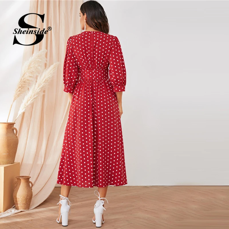 Sheinside платье в горошек с широким поясом и пуговицами, женское платье, летнее Элегантное Длинное Платье с v-образным вырезом, платье с рукавом три четверти