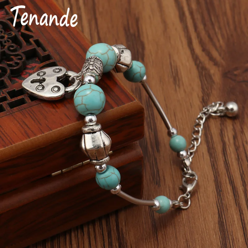 

Tenande Lower Price Boho Natural Stone Beads Carved Leaves Big Heart Key Bracelets & Bangles for Women Vintage Jewelry Gift