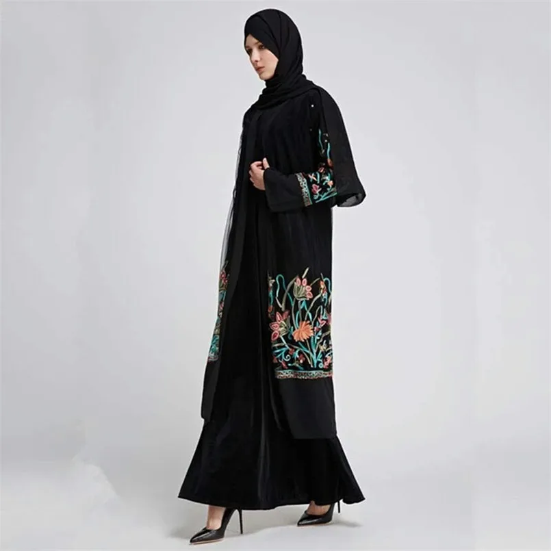 Мода Дубай Длинные Embroidered Kimono кардиган черный пол Длина рукава снаружи халаты 2018