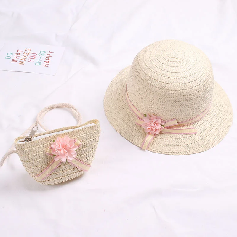 

Cute Girls Straw Hat Sun Hat + Shoulder Bag Handbag 2pcs Sets for Summer Kid Princess Floral Beach Hats for Party Outdoor