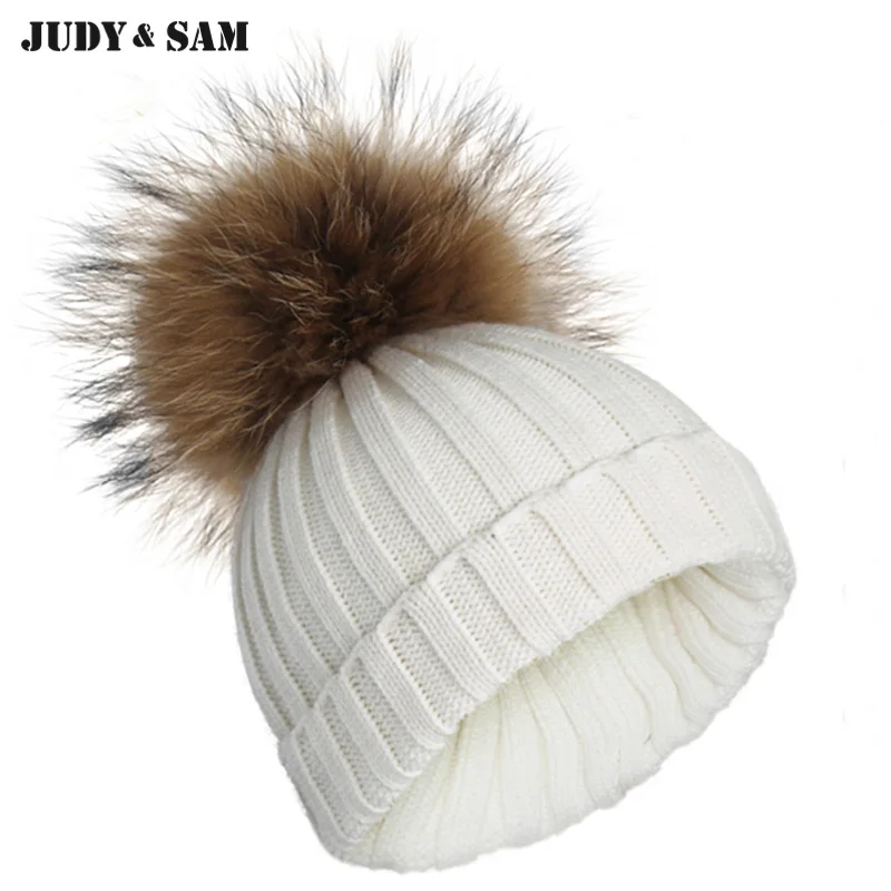 прикольные шапки Вяза вязаные Мягкая Марино шерсти шляпы с реальными мех енота